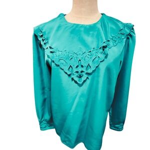 Nilani Teal Satin Cutout‎ Collar Long Sleeve Blouse Top Vintage 6 Retro 80s-90s